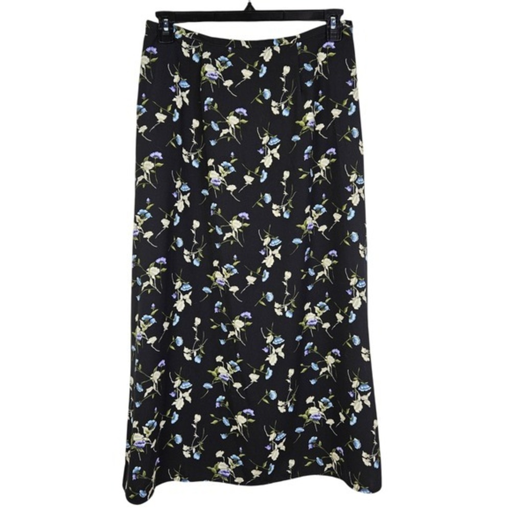 Cottagecore Black Blue Floral A-Line Midi Skirt L Vintage 90s Dark Romance Fairy